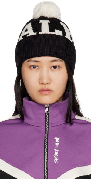 Palm Angels - Black & White Logo Pom-Pom Beanie