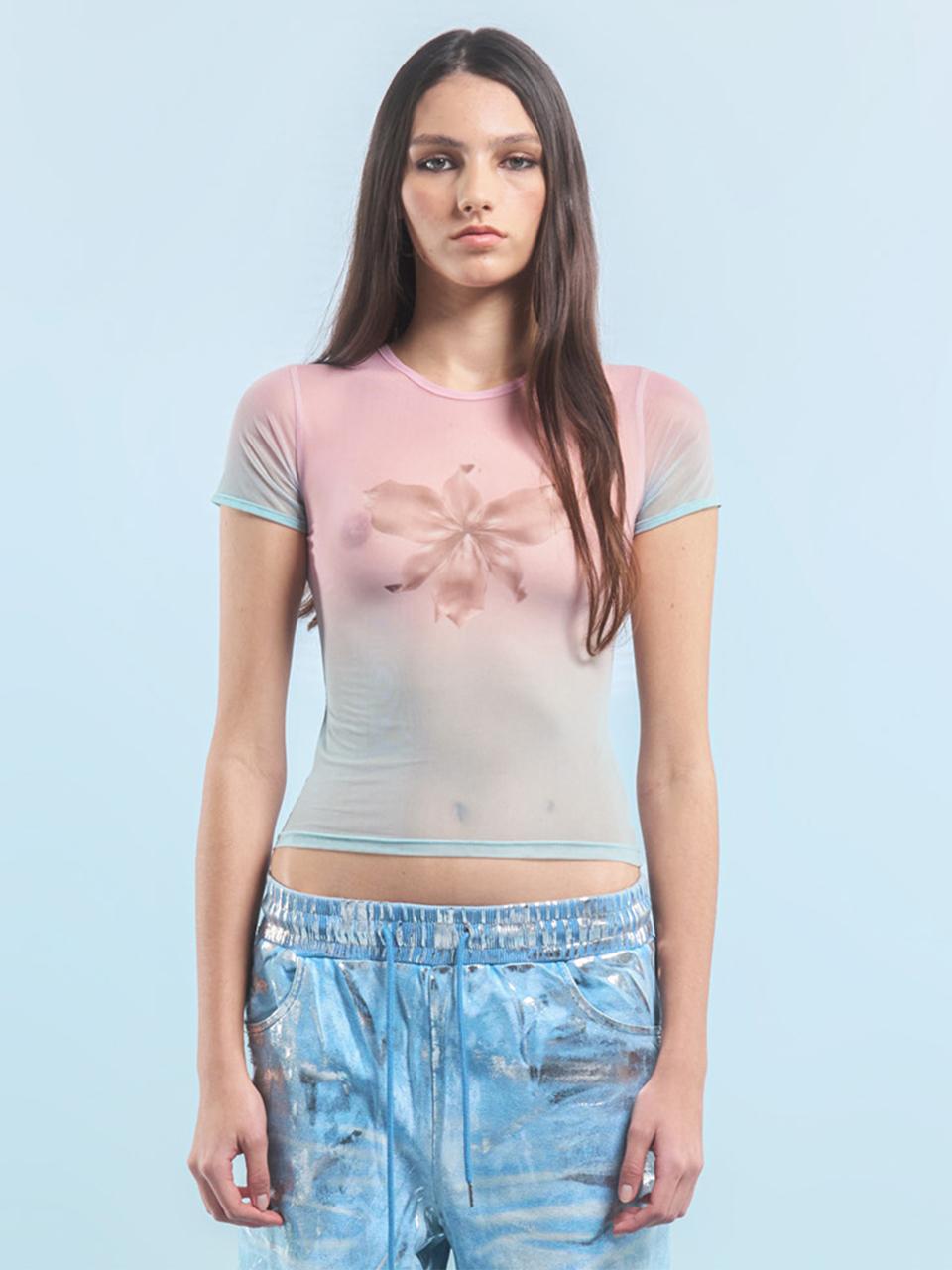 2000 Archives METAL FLOWER SEETHROUGH TSHIRT (PINK GREEN)