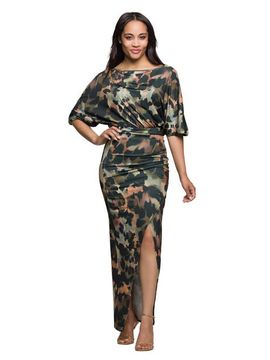 24seven Comfort Apparel 24seven Comfort Apparel Abstract Print Batwing Sleeve Maxi Dress with Slit