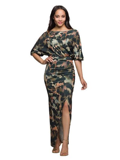 24seven Comfort Apparel 24seven Comfort Apparel Abstract Print Batwing Sleeve Maxi Dress with Slit