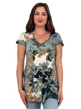 24seven Comfort Apparel 24seven Comfort Apparel Basic Floral Print V-Neck Short Sleeve Flared Tunic Top