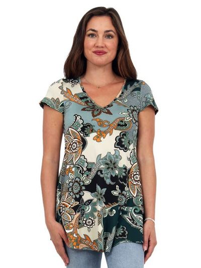 24seven Comfort Apparel 24seven Comfort Apparel Basic Floral Print V-Neck Short Sleeve Flared Tunic Top
