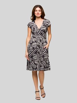 24seven Comfort Apparel 24seven Comfort Apparel Cap Sleeve Black and White V-Neck Knee Length Pocket Dress