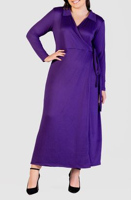 24seven Comfort Apparel 24seven Comfort Apparel Collared Long Sleeve Wrap Front Maxi Dress