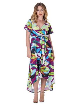 24seven Comfort Apparel 24seven Comfort Apparel Colorful Floral V-Neck Belted High Low Faux Wrap Dress