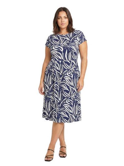 24seven Comfort Apparel 24seven Comfort Apparel Curvy Essential Abstract Print Short Sleeve Boat Neck Pleated Pocket Fit & Flare Midi Dress