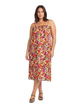 24seven Comfort Apparel 24seven Comfort Apparel Curvy Essential Abstract Print Spaghetti Strap Smocked Pocket A-Line Maxi Dress