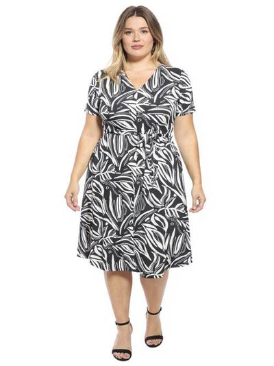 24seven Comfort Apparel 24seven Comfort Apparel Curvy Essential Abstract V-Neck Short Sleeve A-Line Midi Dress