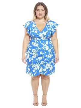 24seven Comfort Apparel 24seven Comfort Apparel Curvy Essential Floral Flutter Sleeve Faux Wrap Knee Length Dress