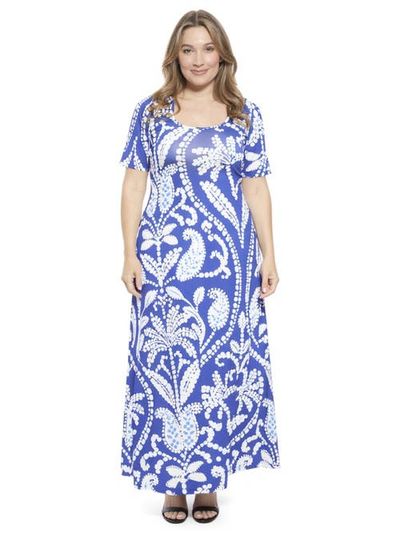 24seven Comfort Apparel 24seven Comfort Apparel Curvy Essential Paisley Scoop Neck Elbow Sleeve A-Line Maxi Dress
