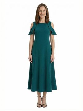 24seven Comfort Apparel 24seven Comfort Apparel Elevate Petite Ruffle Sleeve Cold Shoulder A-Line Soft Flare Maxi Dress