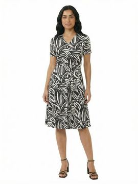 24seven Comfort Apparel 24seven Comfort Apparel Essential Petite Abstract V-Neck Short Sleeve A-Line Midi Dress