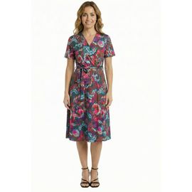 24seven Comfort Apparel 24seven Comfort Apparel Essential Petite Paisley Print Short Sleeve Tie Waist Midi Dress