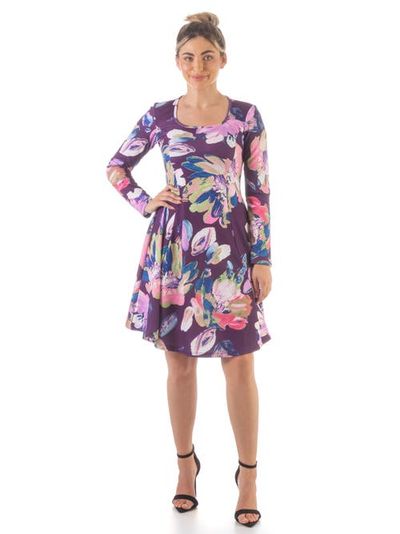 24seven Comfort Apparel 24seven Comfort Apparel Floral Long Sleeve Knee Length Dress