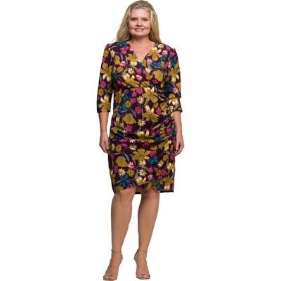 24seven Comfort Apparel 24seven Comfort Apparel Floral Print Faux Wrap Dress