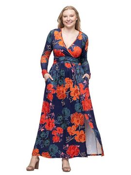 24seven Comfort Apparel 24seven Comfort Apparel Floral Print Long Sleeve Side Slit Maxi Dress