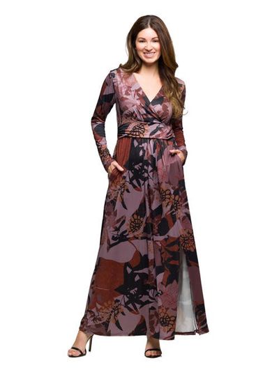 24seven Comfort Apparel 24seven Comfort Apparel Floral Print Long Sleeve Wrap Maxi Dress