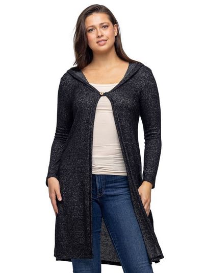 24seven Comfort Apparel 24seven Comfort Apparel Knee Length Long Sleeve Hooded Womens Cardigan Shrug