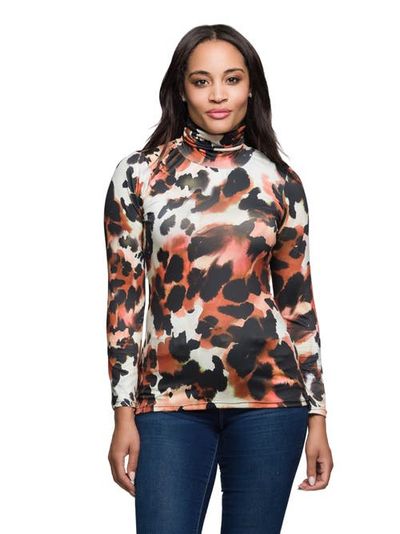 24seven Comfort Apparel 24seven Comfort Apparel Long Sleeve Turtleneck Top Animal Print