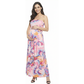 24seven Comfort Apparel 24seven Comfort Apparel Maternity Abstract A-Line Strapless Pocket Maxi Dress