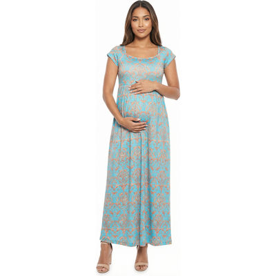 24seven Comfort Apparel 24seven Comfort Apparel Maternity Abstract Square Neck Cap Sleeve Pleated A-Line Maxi Dress