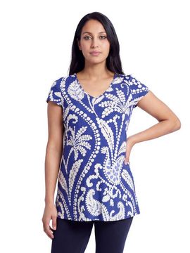 24seven Comfort Apparel 24seven Comfort Apparel Maternity Basic Paisley Print V-Neck Short Sleeve Flared Tunic Top