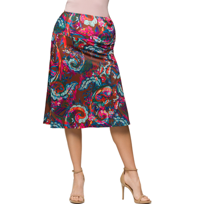24seven Comfort Apparel 24seven Comfort Apparel Maternity Brown Paisley Print Elastic Waist Knee Length Skirt