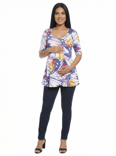 24seven Comfort Apparel 24seven Comfort Apparel Maternity Butterfly Scoop Neck Elbow Sleeve Tunic Top