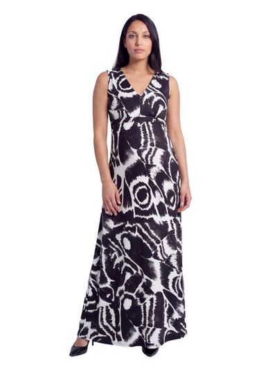 24seven Comfort Apparel 24seven Comfort Apparel Maternity Essential Abstract Print V-Neck Sleeveless Tie Back Empire Waist Maxi Dress