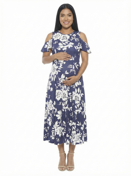 24seven Comfort Apparel 24seven Comfort Apparel Maternity Floral Ruffle Sleeve Cold Shoulder A-Line Maxi Dress