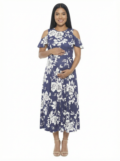 24seven Comfort Apparel 24seven Comfort Apparel Maternity Floral Ruffle Sleeve Cold Shoulder A-Line Maxi Dress