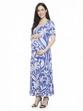 24seven Comfort Apparel 24seven Comfort Apparel Maternity Floral Scoop Neck Elbow Sleeve A-Line Maxi Dress