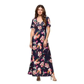 24seven Comfort Apparel 24seven Comfort Apparel Maternity Navy Floral Print Elbow Sleeve Casual A-Line Maxi Dress