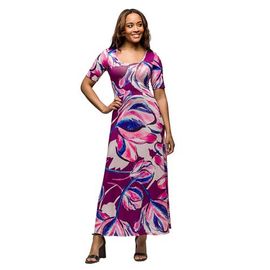 24seven Comfort Apparel 24seven Comfort Apparel Maternity Purple Floral Print Elbow Sleeve Casual A-Line Maxi Dr