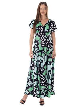 24seven Comfort Apparel 24seven Comfort Apparel Oversized Butterfly Print V-Neck Empire Waist Cap Sleeve Maxi Dress