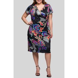 24seven Comfort Apparel 24seven Comfort Apparel Paisley Floral Wrap Front Knit Midi Dress