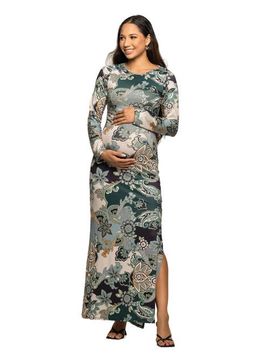 24seven Comfort Apparel 24seven Comfort Apparel Paisley Print Long Sleeve Side Slit Maxi Dress