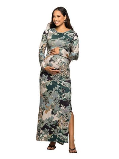 24seven Comfort Apparel 24seven Comfort Apparel Paisley Print Long Sleeve Side Slit Maxi Dress