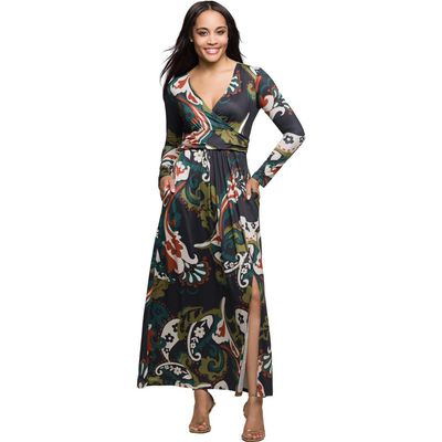 24seven Comfort Apparel 24seven Comfort Apparel Paisley Print Long Sleeve Wrap Maxi Dress