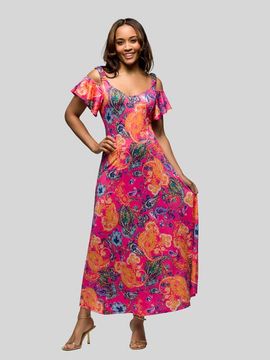 24seven Comfort Apparel 24seven Comfort Apparel Pink Paisley Cold Sholder Ruffle Sleeve A-Line Maxi Dress