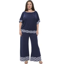 24seven Comfort Apparel 24seven Comfort Apparel Plus Size Boat Neck Dolman Sleeve Printed Trim Top and Pant Set