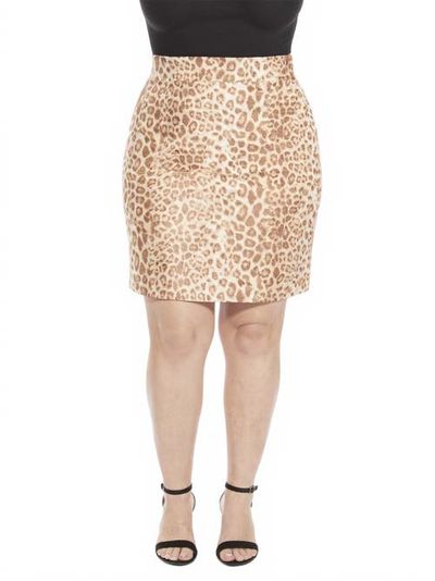 24seven Comfort Apparel 24seven Comfort Apparel Plus Size Cheetah Elastic Waist Knee Length Pencil Skirt