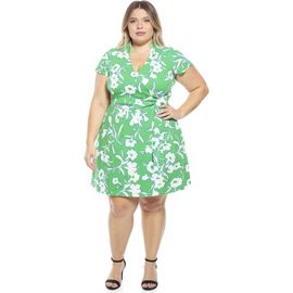 24seven Comfort Apparel 24seven Comfort Apparel Plus Size Floral Collar Knee Length Side Tie Wrap Dress