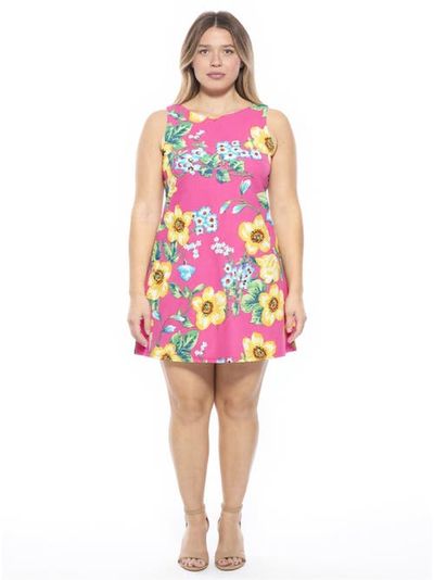 24seven Comfort Apparel 24seven Comfort Apparel Plus Size Floral Round Neck Sleeveless A-Line Mini Shift Dress