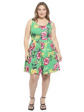 24seven Comfort Apparel 24seven Comfort Apparel Plus Size Floral Sleeveless Pleated Pocket Skater Dress