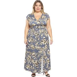 24seven Comfort Apparel 24seven Comfort Apparel Plus Size Floral V-Neck Cap Sleeve Side Slit Pocket Maxi Dress