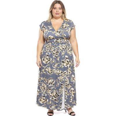 24seven Comfort Apparel 24seven Comfort Apparel Plus Size Floral V-Neck Cap Sleeve Side Slit Pocket Maxi Dress