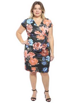 24seven Comfort Apparel 24seven Comfort Apparel Plus Size Floral V-Neck Short Sleeve Knee Length Faux Wrap Dress