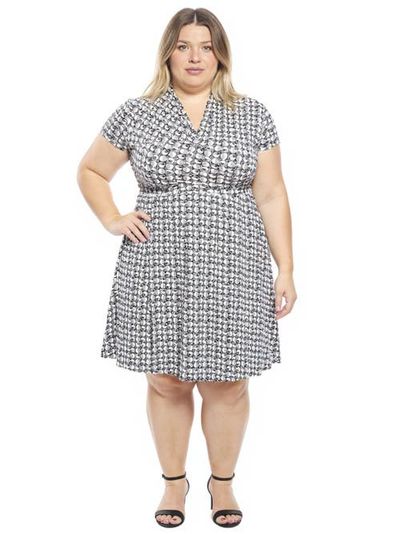 24seven Comfort Apparel 24seven Comfort Apparel Plus Size Geometric V-Neck Faux Wrap Knee Length A-Line Dress