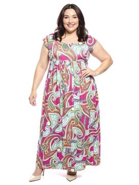 24seven Comfort Apparel 24seven Comfort Apparel Plus Size Paisley Square Neck Cap Sleeve Pleated A-Line Maxi Dress